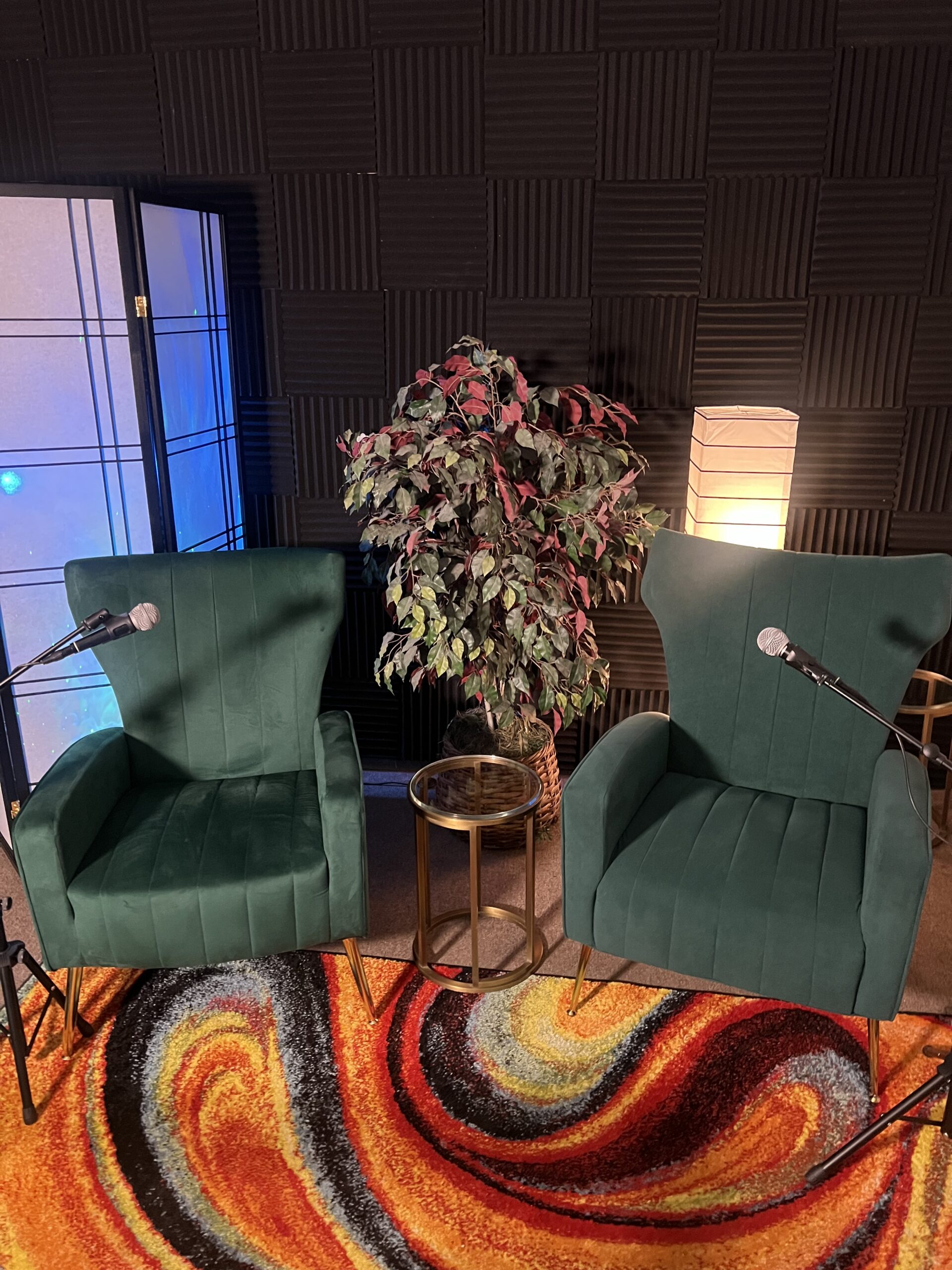 KL Podcast Studio Main Stage Set with professional lighting and microphones